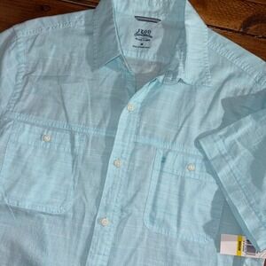 IZOD Saltwater Button Shirt Mens Medium Blue Striped Lightweight Short Sleeve